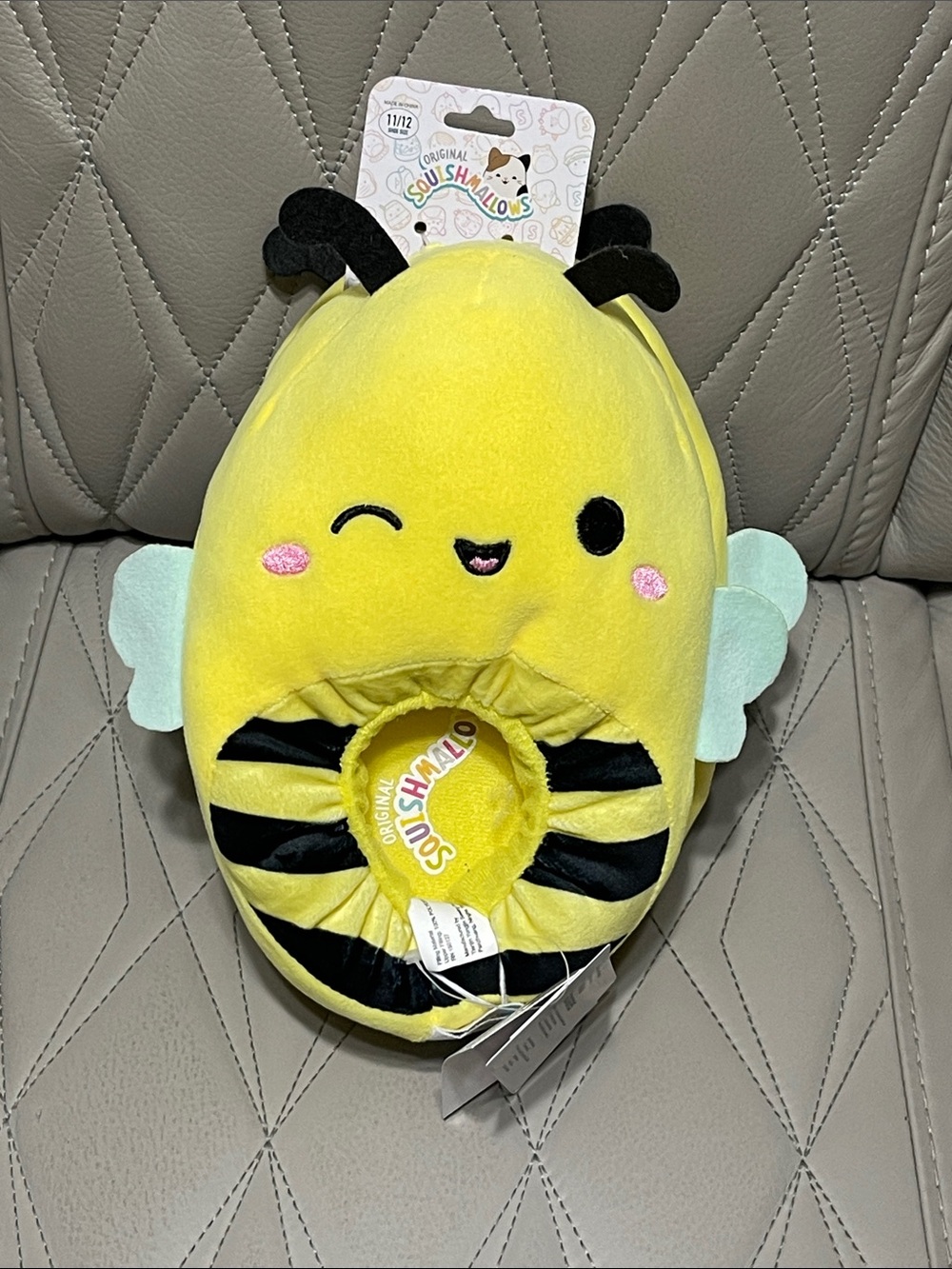 Squishmallows Yellow Bee Slippers with Mint Wings and Black Stripes